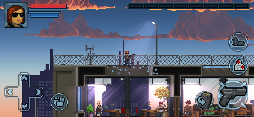 Door Kickers: Action Squad - Door Kickers Action Squad tactical pixel art side scroller gameplay on a rooftop.
