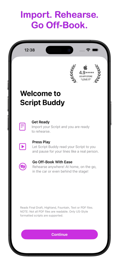 Welcome screen of Script Buddy app highlighting actor rehearsal features and app store rating