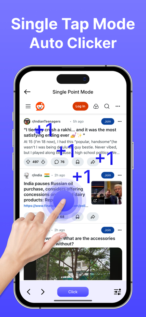 Auto Clicker: Auto Scroll, Tap - Captura de pantalla de iPhone que demuestra el modo de toque único de la aplicación auto clicker en un feed de redes sociales