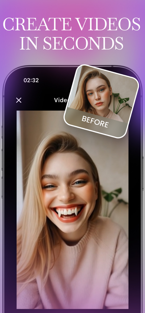 AI動画ジェネレーターアプリのインターフェースに、写真アニメーションの変換前と変換後の様子が表示されています