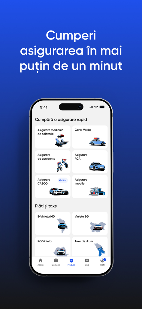 Omnis - Asigurări Online - Panel de la aplicación móvil Omnis mostrando varios productos de seguros y opciones de pago de tasas de circulación para Moldavia, Rumanía y Bulgaria