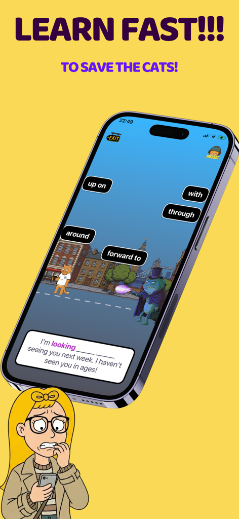 Gameplay screen of the Phrasal Verbs GO app showing a phrasal verb completion challenge with cartoon illustrations