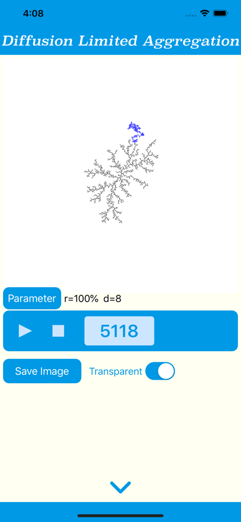 Fractal Catalog - Captura de pantalla de la aplicación Catálogo Fractal mostrando una simulación de crecimiento fractal de Agregación Limitada por Difusión con parámetros de control.