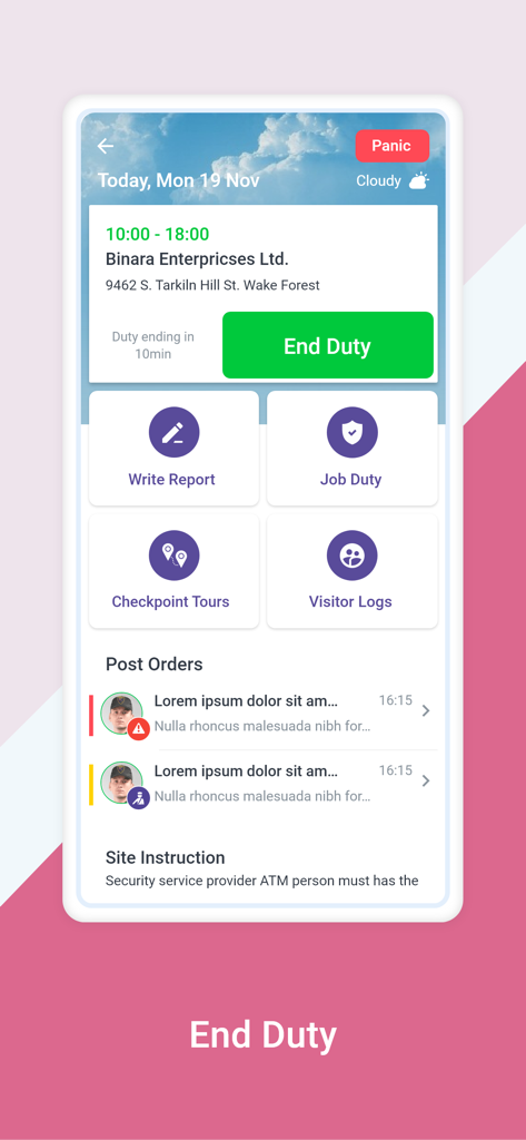 Novagems StaffApp - Novagems StaffApp mobile interface showing security guard dashboard with end duty button and task management icons