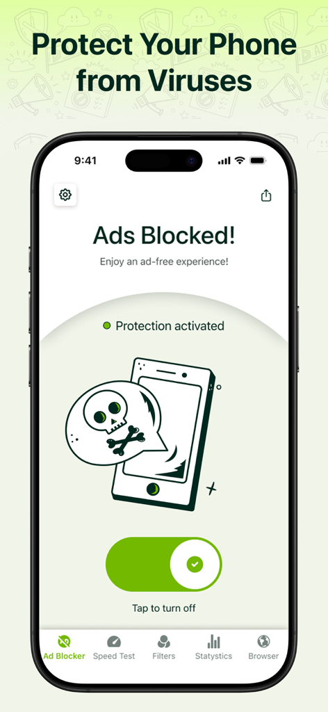 All Ads Blocker - Anti SPAM - Smartphone screen showing the All Ads Blocker app with protection activated and ads blocked