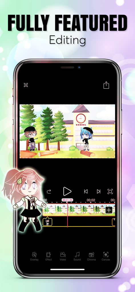 Gacha Animator - Gacha Animator app interface showing a video editing timeline with characters in a school setting