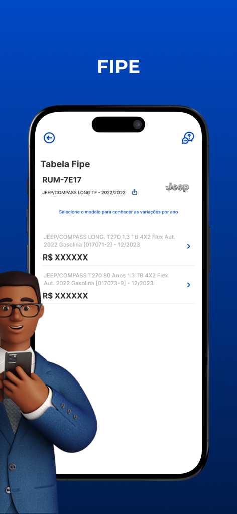 MTix Consulta Veicular - Interfaz móvil de la aplicación MTix que muestra la valoración del vehículo y la información de precios de la tabla Fipe
