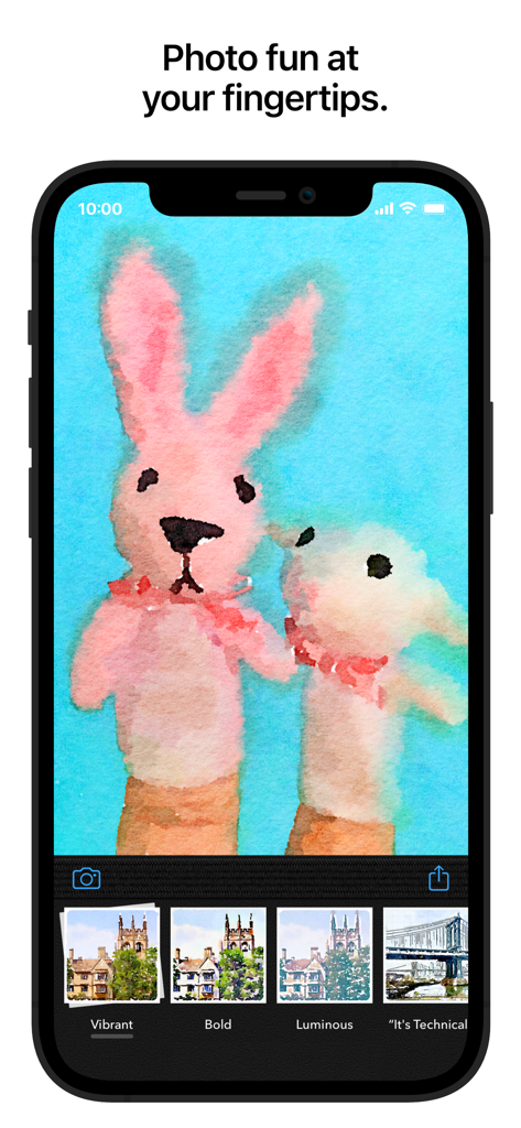 An iPhone screen displaying the Waterlogue app with a watercolor painting of two toy rabbits and artistic filter presets.