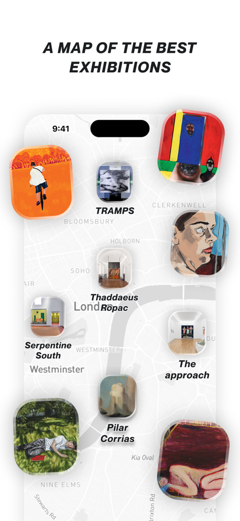 CUR8 — Art shows around you - Mobile app screen displaying a map with several art exhibition pins and gallery names