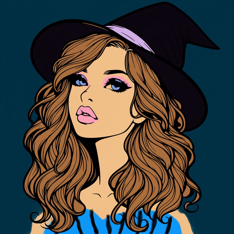 realistic witch girl with wavy hair and lips
