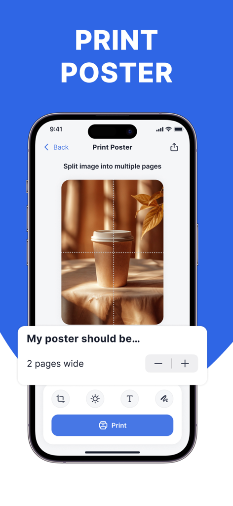 Smart Air Printer: Scan & Edit - Interfaz de la aplicación Smart Air Printer mostrando cómo dividir una imagen en varias páginas para imprimir un póster grande.