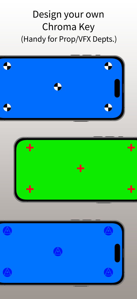 pCAM Pro - Film+Digital - 시각 효과를 위한 추적 마커가 있는 사용자 정의 가능한 파란색 및 녹색 크로마 키를 표시하는 세 개의 스마트폰 화면.