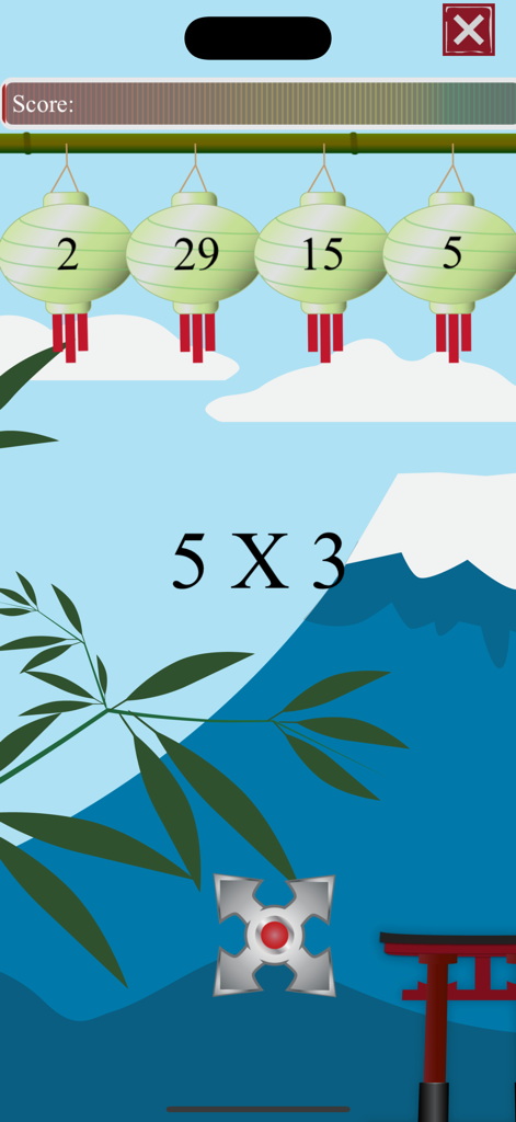 Math Facts Ninja - Math Games - Math Facts Ninja game screen featuring a multiplication question and throwing star mechanic
