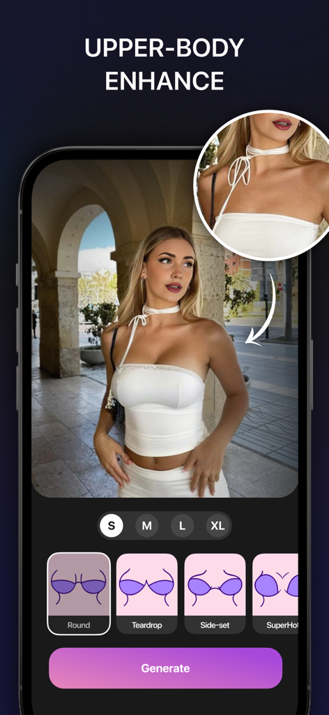 Vity: AI Video & Photo Maker - Vity app interface showing the upper body enhancement feature with different shape and size options for photo editing.
