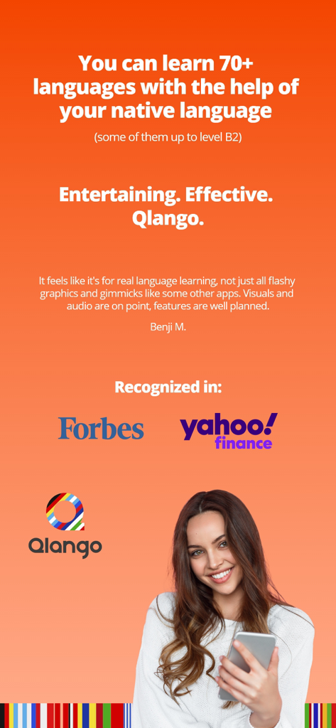 Uma mulher usando o aplicativo Qlango, que apresenta lições para mais de 70 idiomas e reconhecimento da Forbes e Yahoo Finance