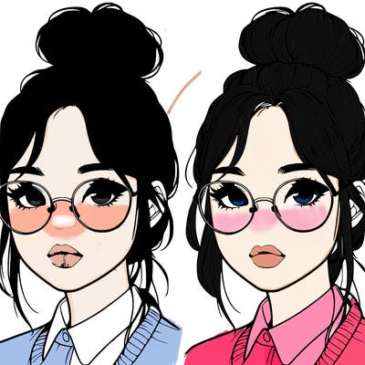 realistic korean girl with a bun and glasses
