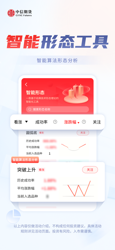 中信期货-信e禄 - Mobile screen showing intelligent chart pattern analysis and historical success rates in the CITIC Futures app