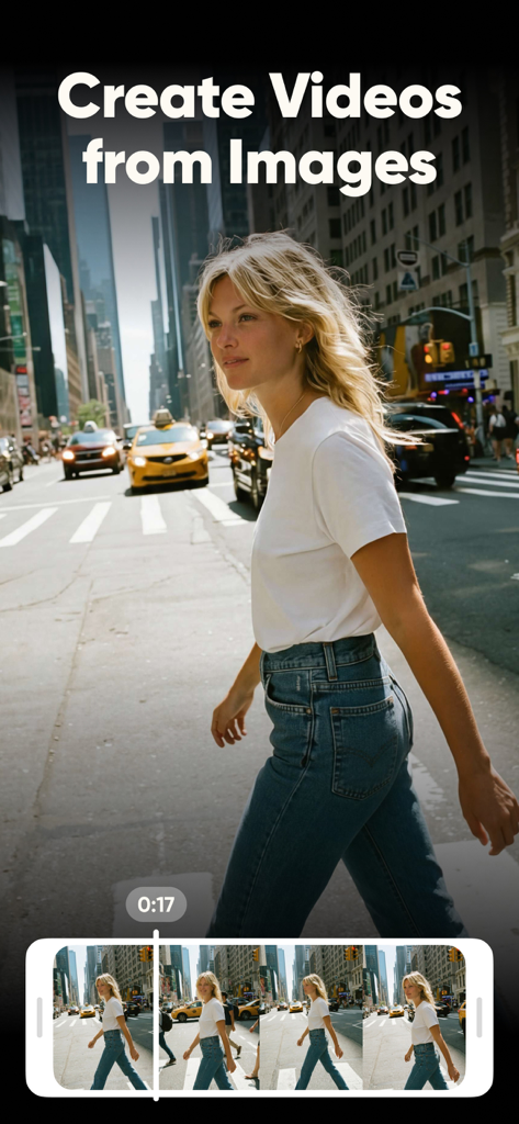 AI Photos - AI Photo Generator - Interface of the AI Photos app demonstrating the feature to create videos from images with a woman walking in a city.