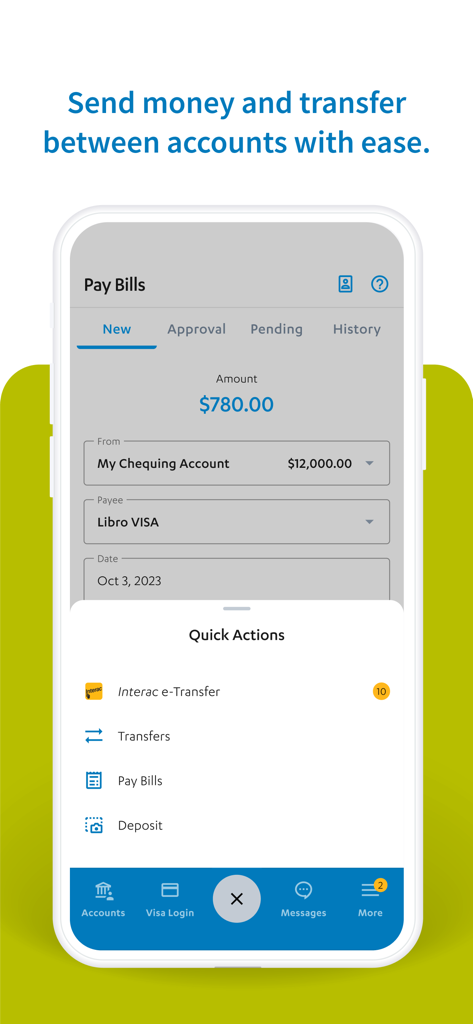 Libro Mobile Banking - Interfaz de la aplicación Libro Banca Móvil que muestra la pantalla Pagar Facturas y el menú de acciones rápidas.