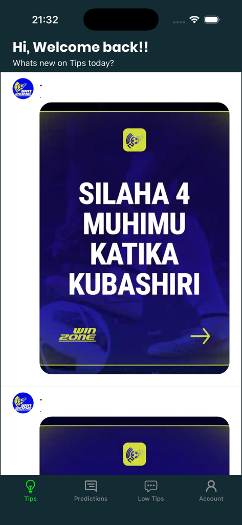 Winzone App interface displaying sports analysis tips and navigation menu