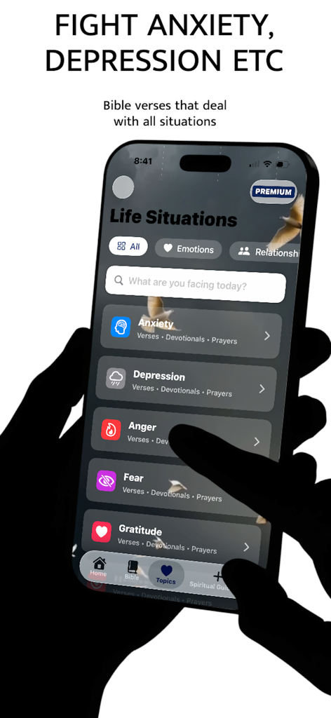 Holy Bible .. - Mobile App-Oberfläche mit Bibelversen und Andachten, kategorisiert nach Lebenssituationen wie Angst und Depression.