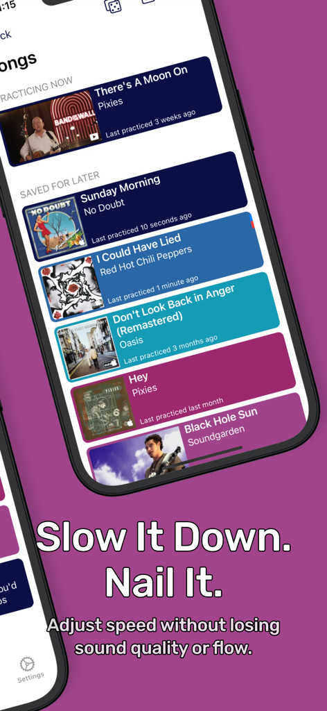 Guitar Scales: GuitarTime - Interface of GuitarTime app showing a list of songs for practice with a highlight on the slow down feature