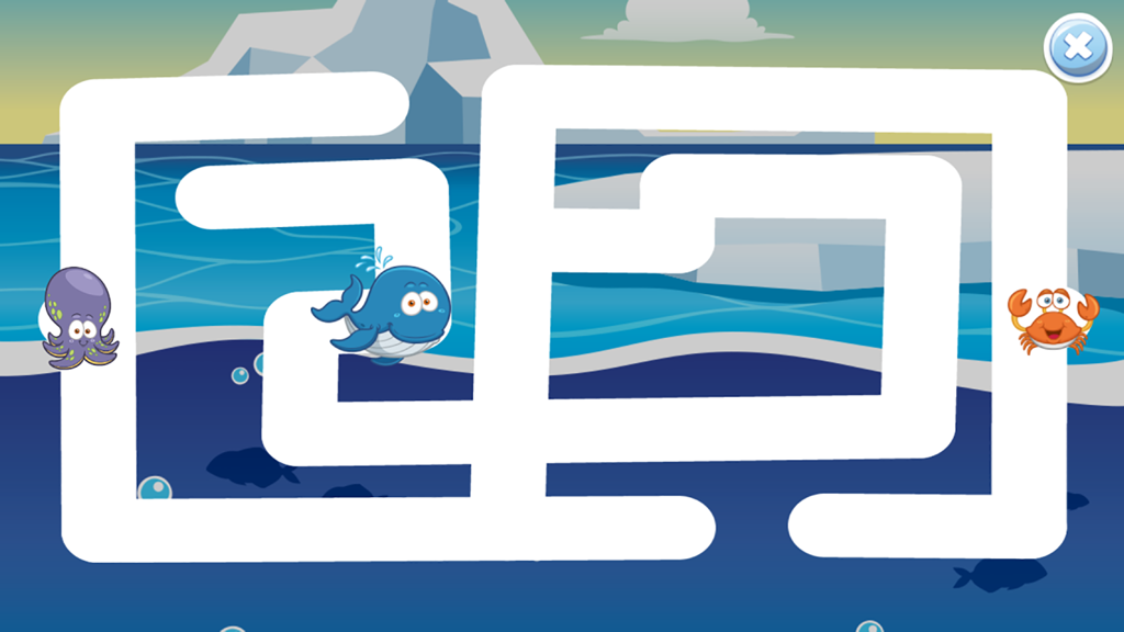 A simple white path maze for toddlers featuring a cartoon whale, octopus, and crab in an underwater setting.