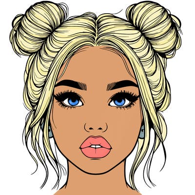 realistic girl with two buns on her hair and lips