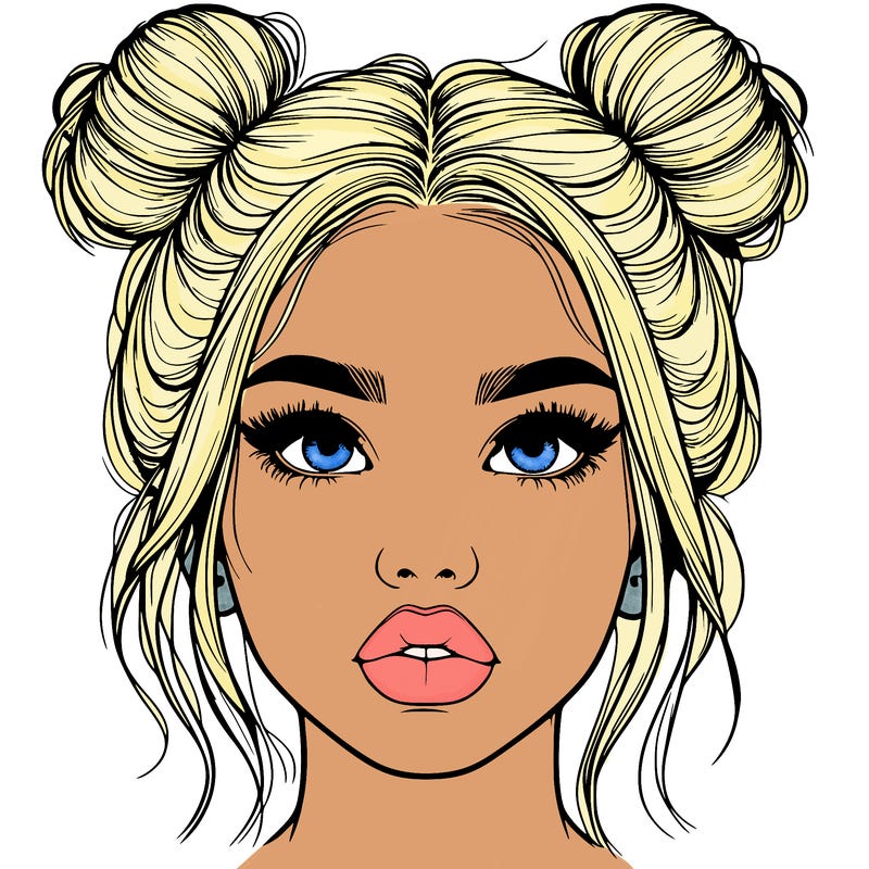 realistic girl with two buns on her hair and lips