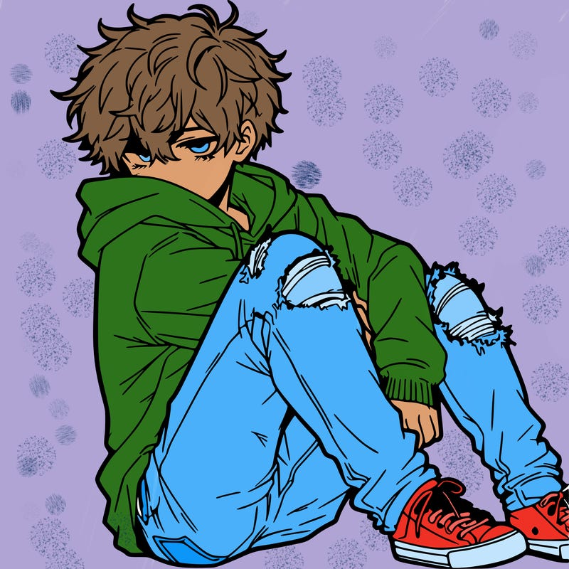a male hoddie ripped jeans messy hair anime
