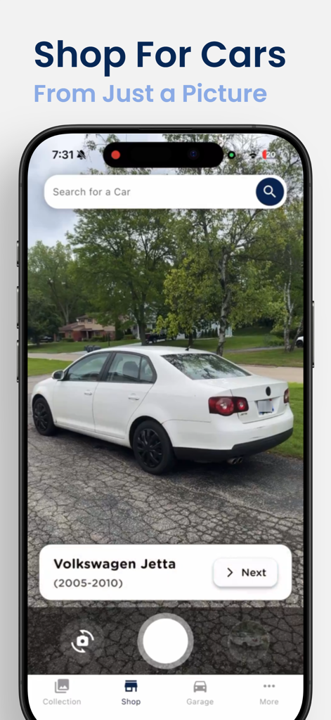 CarSnap: Car Shopping with AI - Interfaz de la aplicación CarSnap identificando un Volkswagen Jetta usando búsqueda visual IA a partir de una foto