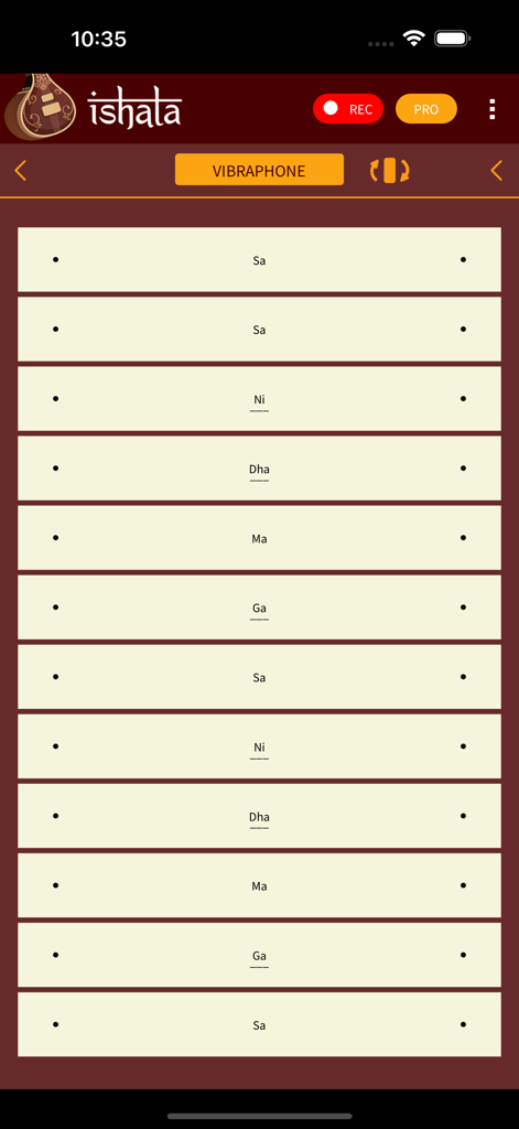 iShala - Interface de l'application iShala affichant des notes de vibraphone pour la pratique de la musique indienne.