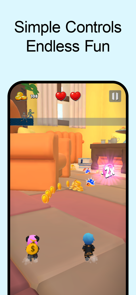 Captura de pantalla del juego Wobbly Life Punch and Collect mostrando a los personajes Tom y Sarah en un entorno de sala de estar con controles simples