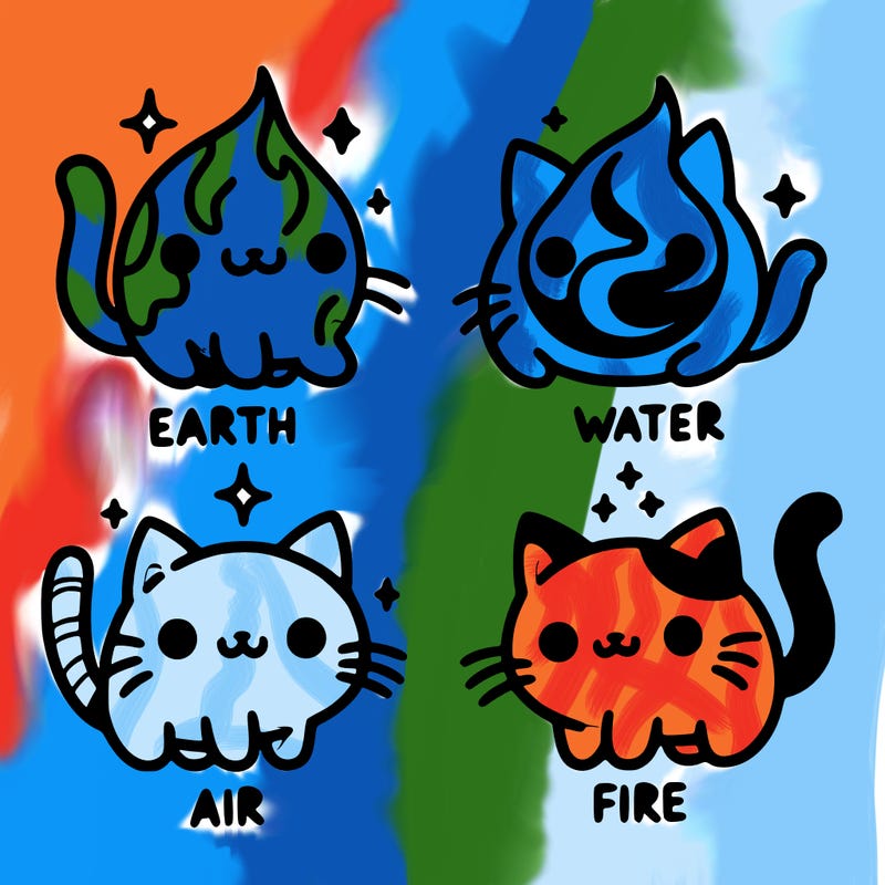 4 cats that represent the different elements, earth, water, air, and fire