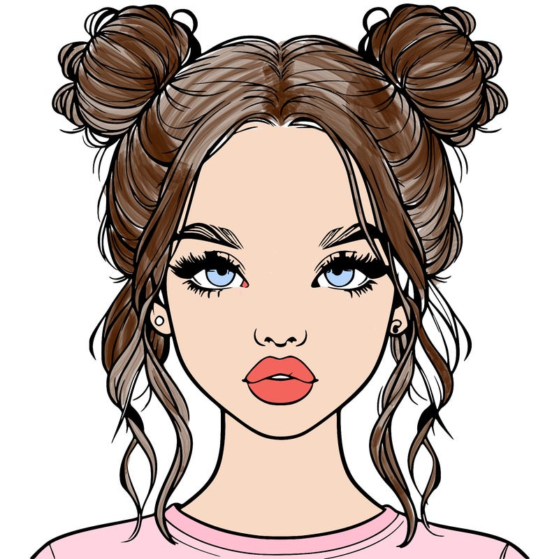 realistic girl with two buns in hair and lips