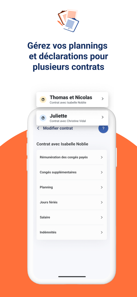 Interface for managing multiple childcare contracts in the Mon Pajemploi app