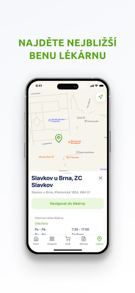 Vista de mapa en la aplicación BENU Farmacia mostrando la ubicación de una farmacia en Slavkov con horarios de apertura y opciones de navegación.