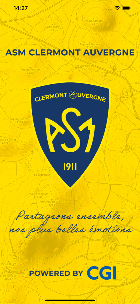 ASM Clermont Auvergne - Splash screen of the ASM Clermont Auvergne rugby app featuring the team logo on a yellow topographic background