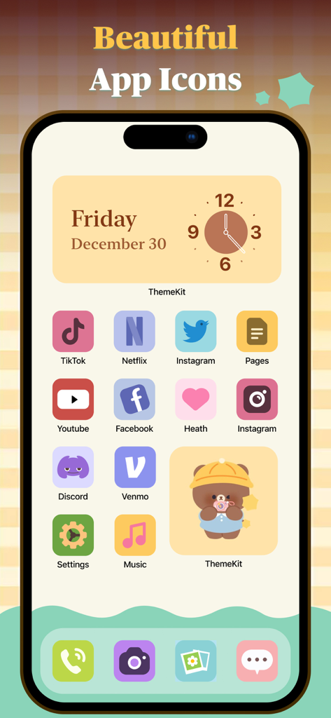 Themes: Widget,Wallpaper,Icon - Pantalla de inicio de iPhone con iconos de aplicaciones personalizados de estética pastel y un widget de reloj a juego
