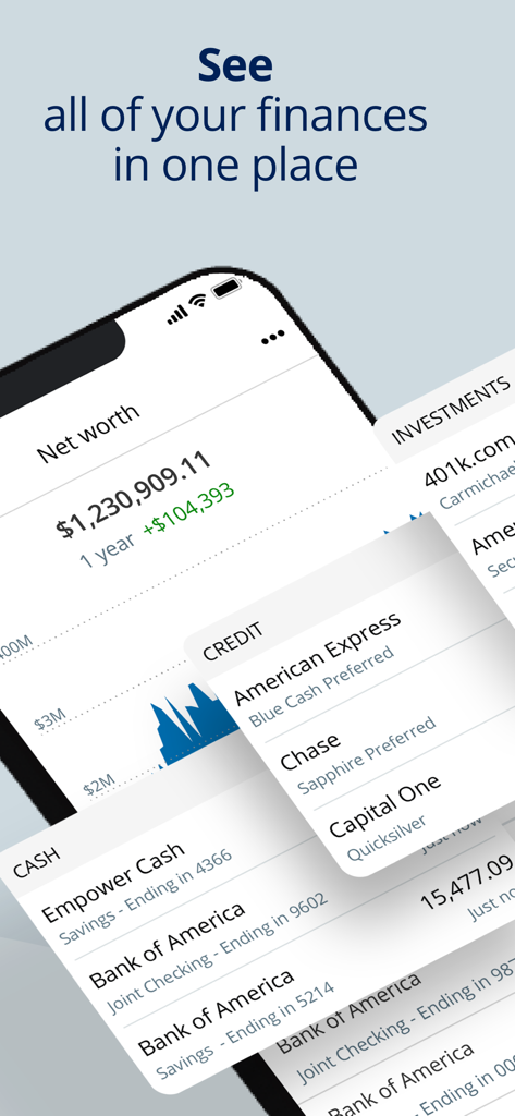 La aplicación Empower que muestra el patrimonio neto y las cuentas financieras vinculadas en un solo lugar