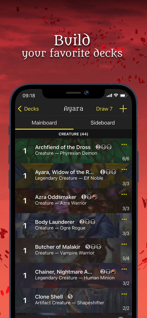 Écran de construction de deck MTG Scanner Dragon Shield montrant une liste de cartes Magic The Gathering.
