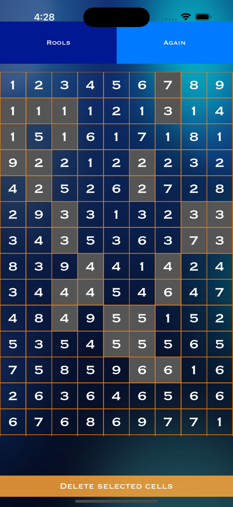 A minimalist number grid interface from the Cross It Out mobile logic puzzle game.