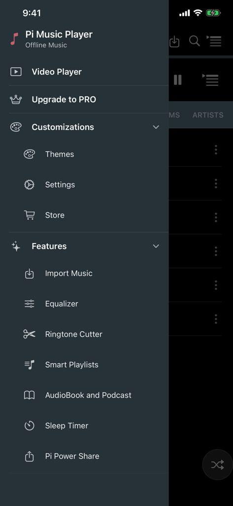 Pi Music Player - The navigation menu of Pi Music Player displaying various features like Equalizer, Ringtone Cutter, and Sleep Timer.