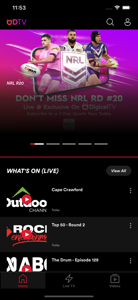 DigicelTV - Pantalla de inicio de la aplicación DigicelTV con un banner deportivo de rugby de la NRL en vivo y una lista de programas de TV actuales