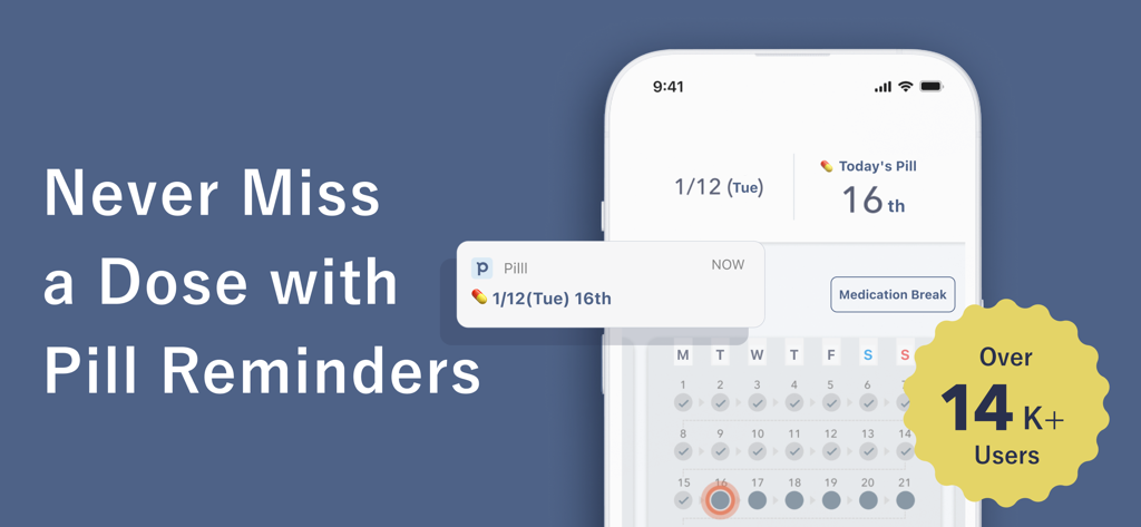 Pilll - Pill & Period Tracker - Pilll 앱 홍보 그래픽으로 피임약 알림 및 캘린더 인터페이스를 보여줍니다.