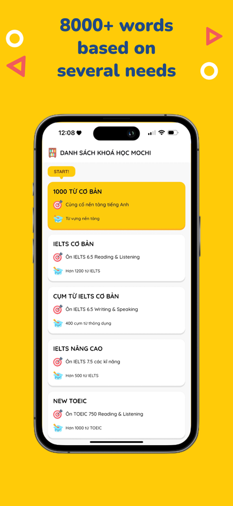 Screenshot of MochiVocab app showing a variety of English courses including IELTS and TOEIC