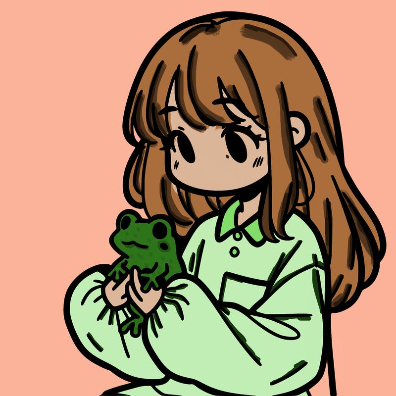 girl with long hair and a oversized shirt. and she is holding a frog