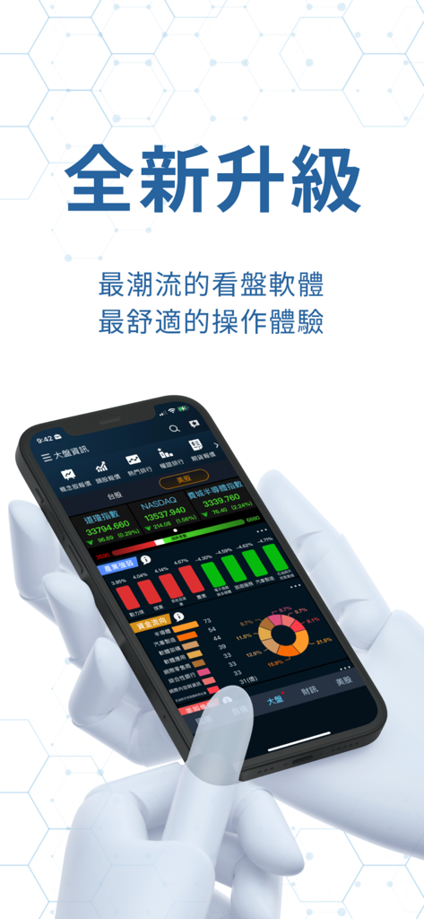 iWow愛挖寶-即時美股台股APP - Un écran de smartphone montrant l'application iWow avec des données boursières en temps réel et des graphiques financiers.