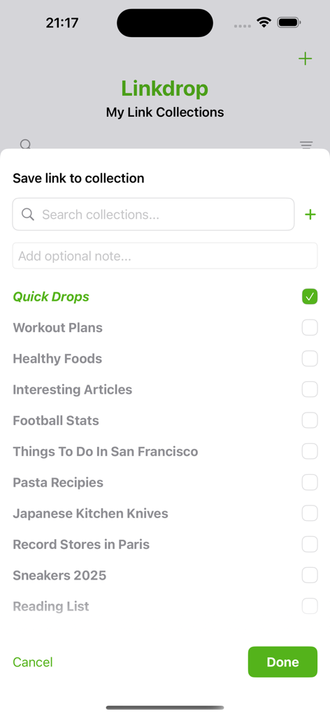 A modal window in the Linkdrop app for saving a link to various collections such as Interesting Articles or Pasta Recipes