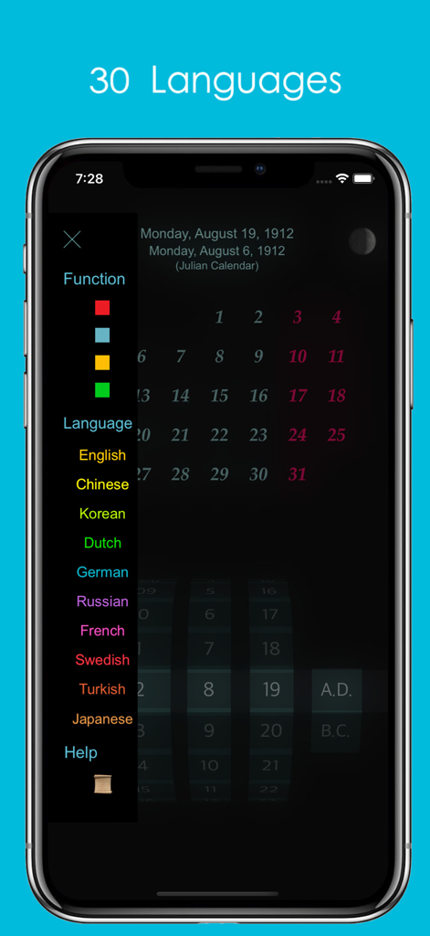 Language selection menu in the Calendar app showing various international options